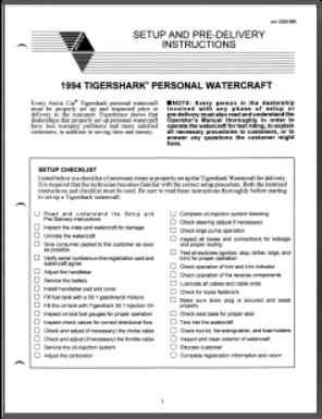 1994 Arctic Cat Tigershark Pre-Delivery / Set-Up Manual
