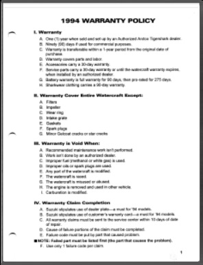 1994 Arctic Cat Tigershark Warranty Policy